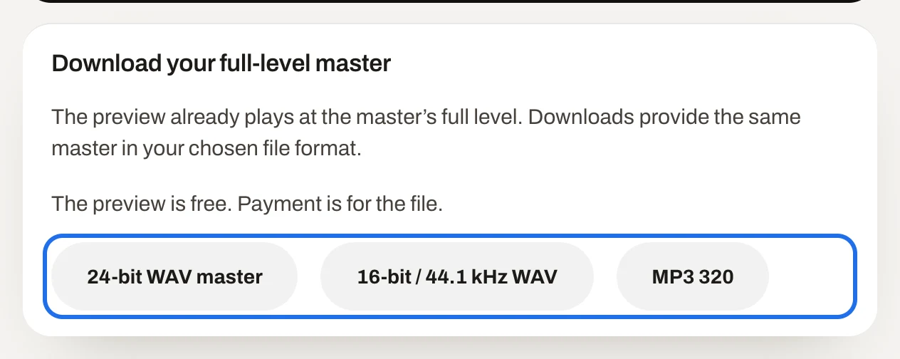 Download your full-level master, with the three format buttons ringed: 24-bit WAV master, 16-bit / 44.1 kHz WAV and MP3 320.