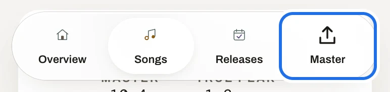 The bottom bar with Overview, Songs, Releases and Master; Master is ringed.