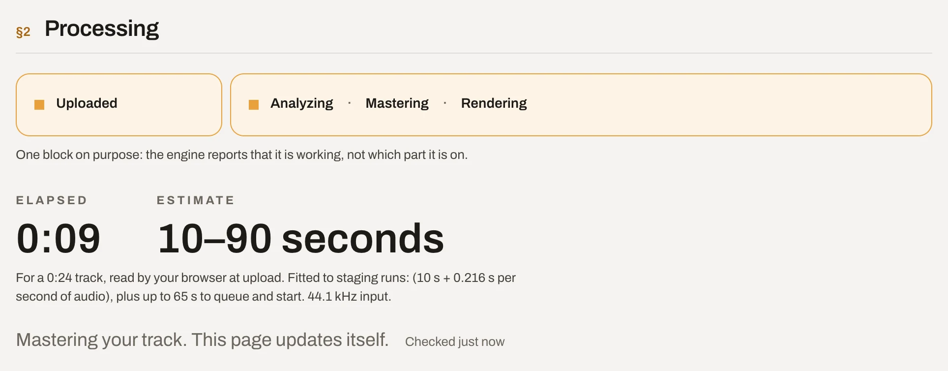 The job page's Processing section: Uploaded, then one lit block for Analyzing, Mastering and Rendering, the time elapsed and an estimate of 10 to 90 seconds.