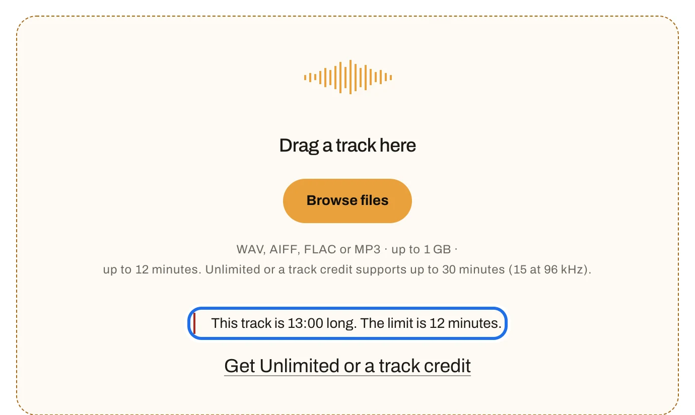 The upload area with the line This track is 13:00 long. The limit is 12 minutes. ringed under Browse files.